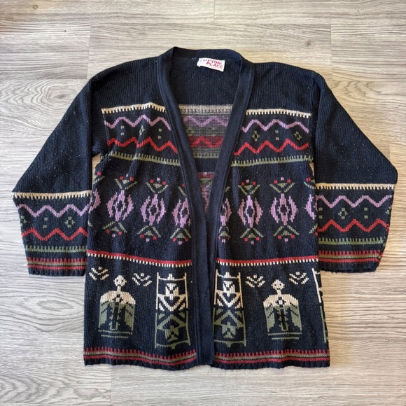 Clifton Place Sweaters - Vintage 90s Clifton Place Knits Southwestern Geometric Black Cardigan Sweater